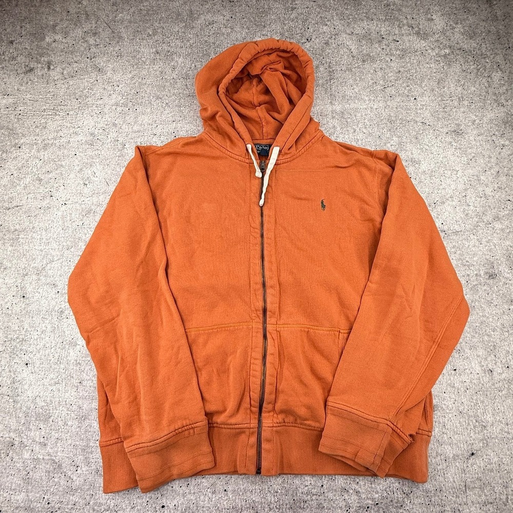 Vintage Polo Ralph Lauren Orange‎ Zip Up Hoodie Waffle Lined Green Pony Mens XXL